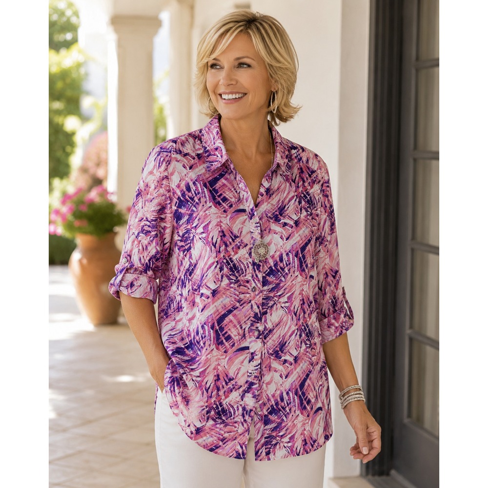 Chicos Button Front Shirt Womens 1-M-8 Pink Floral Roll Tab Sleeves Pockets